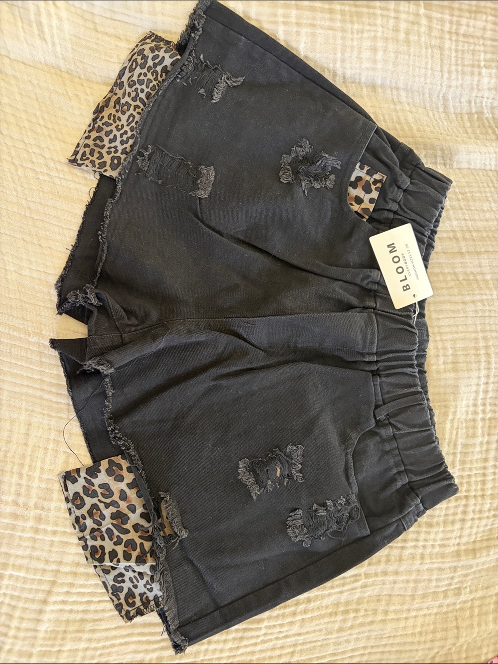 bloom Black Distressed Shorts with Leopard Trim